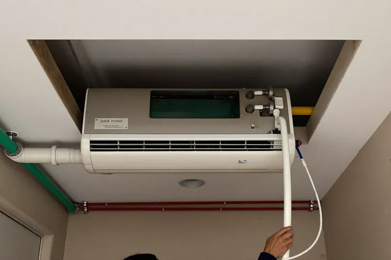 Horizontal fan coil unit with insulated chilled water pipes exposed above an opened apartment ceiling